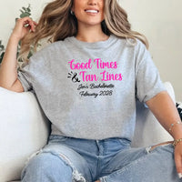 May include Grey a group of women wearing matching personalized bridal party T-shirts with “Bachelorette Party Time” text, celebrating together with smiles, drinks, and festive party decorations!