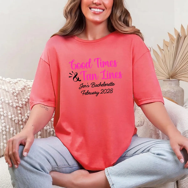 May include Coral Silk a group of women wearing matching personalized bridal party T-shirts with “Bachelorette Party Time” text, celebrating together with smiles, drinks, and festive party decorations!