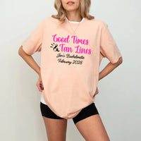 May include Peach a group of women wearing matching personalized bridal party T-shirts with “Bachelorette Party Time” text, celebrating together with smiles, drinks, and festive party decorations!