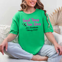 May include Green a group of women wearing matching personalized bridal party T-shirts with “Bachelorette Party Time” text, celebrating together with smiles, drinks, and festive party decorations!