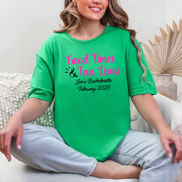 May include Green a group of women wearing matching personalized bridal party T-shirts with “Bachelorette Party Time” text, celebrating together with smiles, drinks, and festive party decorations!