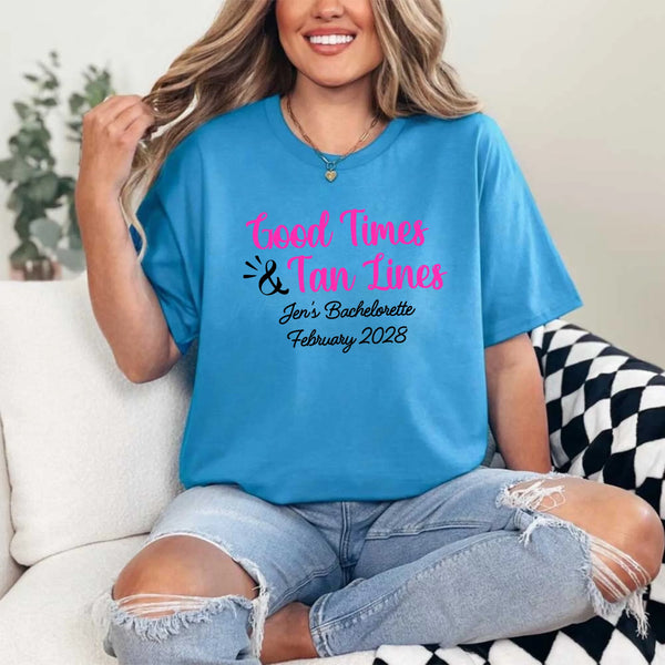 May include Sapphire a group of women wearing matching personalized bridal party T-shirts with “Bachelorette Party Time” text, celebrating together with smiles, drinks, and festive party decorations!