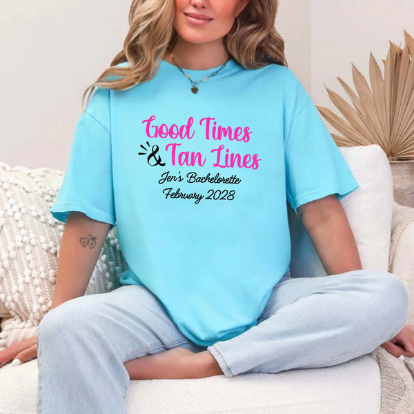 May include Turquoise a group of women wearing matching personalized bridal party T-shirts with “Bachelorette Party Time” text, celebrating together with smiles, drinks, and festive party decorations!