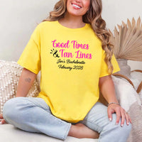 May include Daisy a group of women wearing matching personalized bridal party T-shirts with “Bachelorette Party Time” text, celebrating together with smiles, drinks, and festive party decorations!