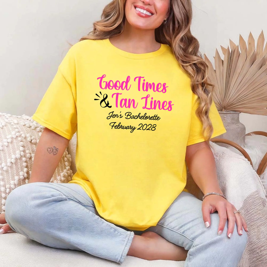 May include Daisy a group of women wearing matching personalized bridal party T-shirts with “Bachelorette Party Time” text, celebrating together with smiles, drinks, and festive party decorations!
