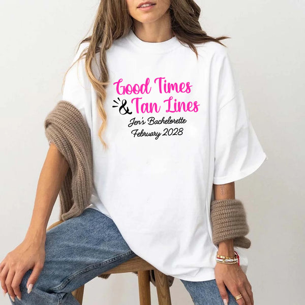 May include White a group of women wearing matching personalized bridal party T-shirts with “Bachelorette Party Time” text, celebrating together with smiles, drinks, and festive party decorations!