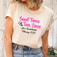 May include Cream a group of women wearing matching personalized bridal party T-shirts with “Bachelorette Party Time” text, celebrating together with smiles, drinks, and festive party decorations!