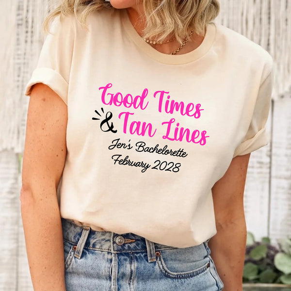 May include Cream a group of women wearing matching personalized bridal party T-shirts with “Bachelorette Party Time” text, celebrating together with smiles, drinks, and festive party decorations!