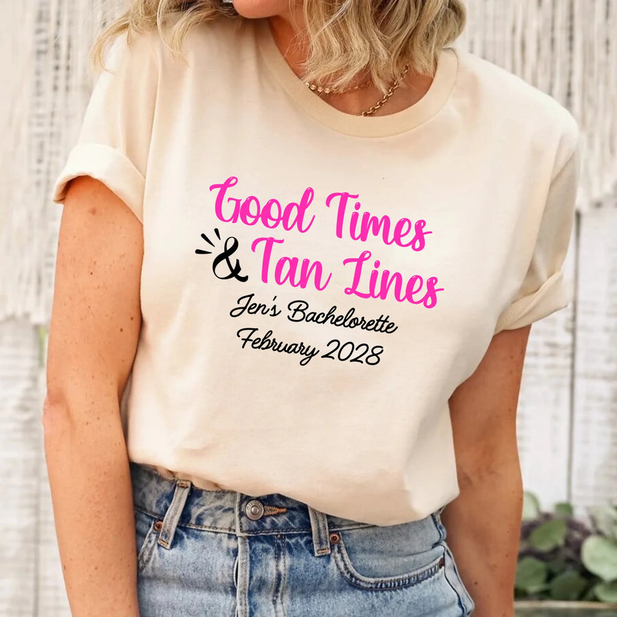 May include Cream a group of women wearing matching personalized bridal party T-shirts with “Bachelorette Party Time” text, celebrating together with smiles, drinks, and festive party decorations!