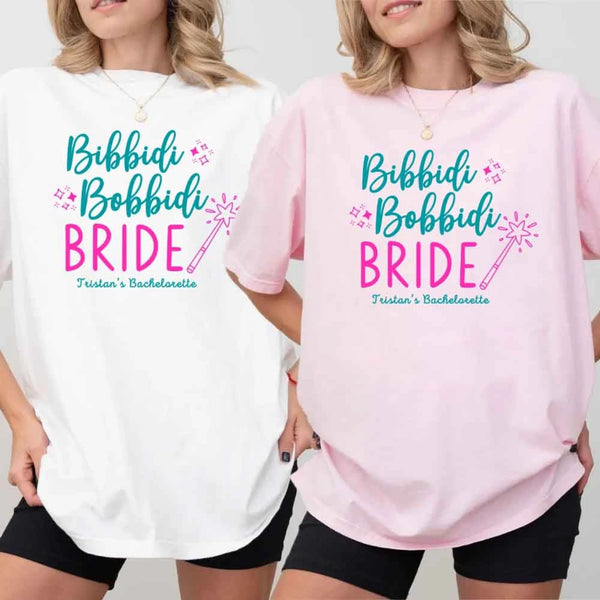 May include a personalized Bibbidi Bobbidi Bride T-shirt with fairytale bridal lettering for a bachelorette party or wedding celebration.