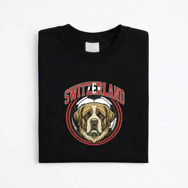 Black custom tee with Switzerland text and St. Bernard dog graphic