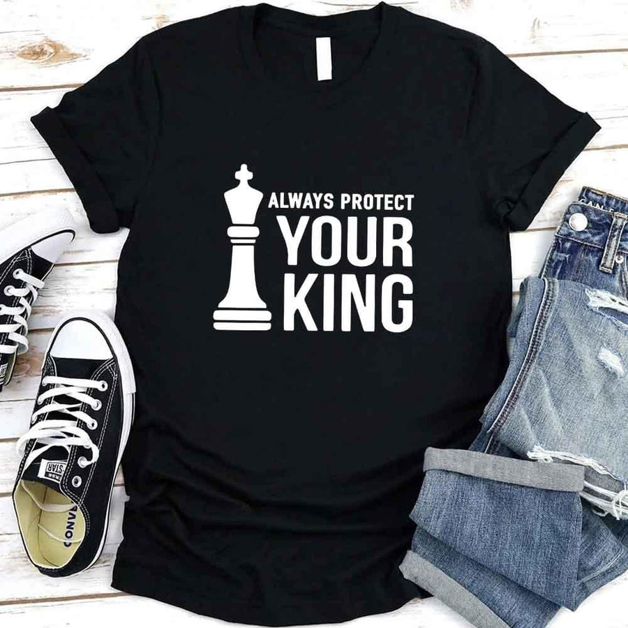May include matching Chess Royalty Queen and King couple T-shirts in black with chess-inspired graphic designs