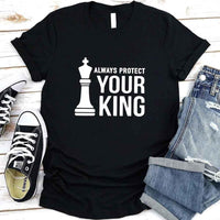 May include matching Chess Royalty Queen and King couple T-shirts in black with chess-inspired graphic designs