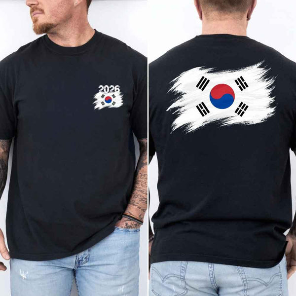 May include a person wearing a Black  South Korea 2026 World Cup "Countries" T-Shirt – Soccer Fan Graphic Tee featuring bold soccer countries graphic and relaxed fit.
