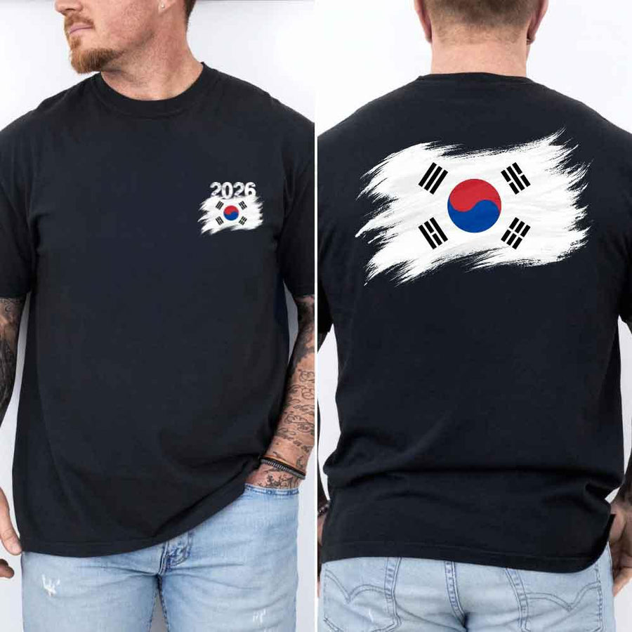 May include a person wearing a Black  South Korea 2026 World Cup "Countries" T-Shirt – Soccer Fan Graphic Tee featuring bold soccer countries graphic and relaxed fit.