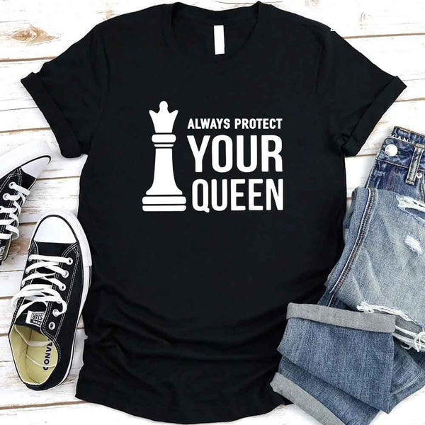 May include matching Chess Royalty Queen and King couple T-shirts in black with chess-inspired graphic designs