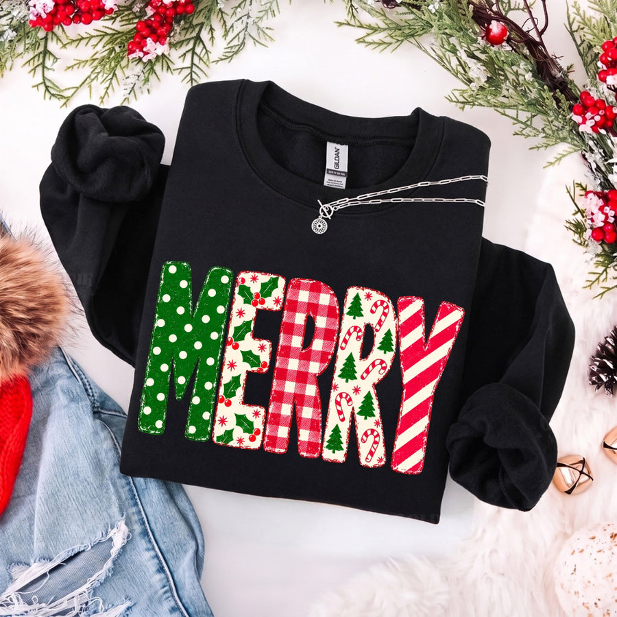 May include a Merry Crewneck Christmas Sweatshirt featuring a festive holiday statement design, classic pullover style, and seasonal apparel for Christmas parties, family gatherings, winter outfits, and holiday gifting.