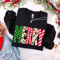 May include a Merry Crewneck Christmas Sweatshirt featuring a festive holiday statement design, classic pullover style, and seasonal apparel for Christmas parties, family gatherings, winter outfits, and holiday gifting.