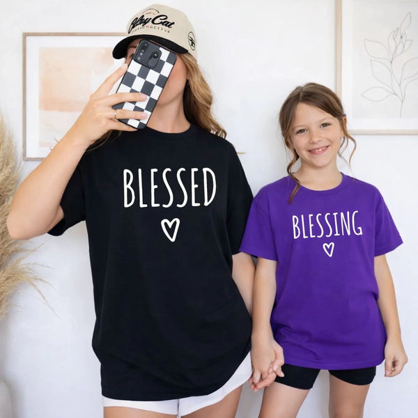 May include parent and child wearing a team purple, and a black  Blessed Parent and Mini matching t-shirts.