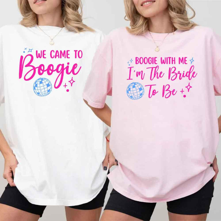 May include a retro-style graphic tee with bold disco lettering reading “Boogie With Me, I’m The Bride To Be,” featuring playful fonts and festive design elements!