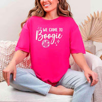 May include a Heliconia retro-style graphic tee with bold disco lettering reading “Boogie With Me, I’m The Bride To Be,” featuring playful fonts and festive design elements!