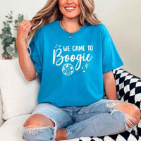 May include a Sapphire retro-style graphic tee with bold disco lettering reading “Boogie With Me, I’m The Bride To Be,” featuring playful fonts and festive design elements!