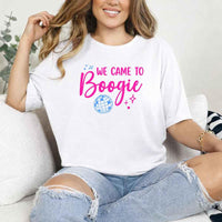 May include a White retro-style graphic tee with bold disco lettering reading “Boogie With Me, I’m The Bride To Be,” featuring playful fonts and festive design elements!