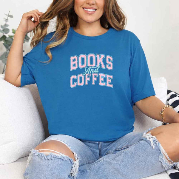 May include a person wearing a Sapphire Books & Coffee T-Shirt featuring trendy BookTok reader graphic and relaxed fit.