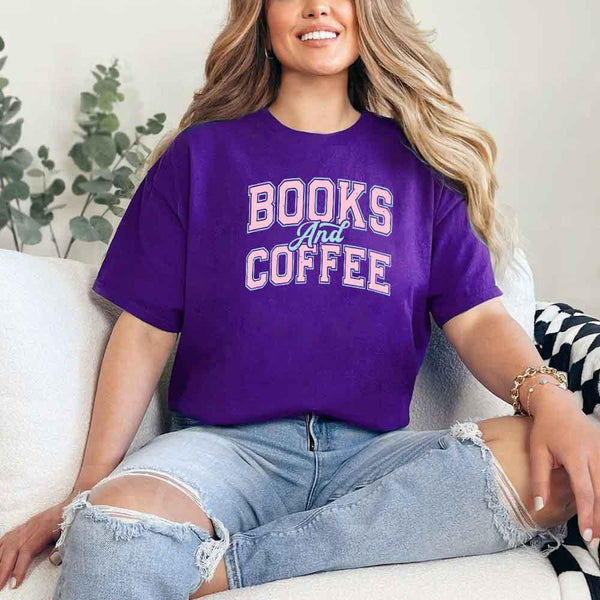 May include a person wearing a Purple Books & Coffee T-Shirt featuring trendy BookTok reader graphic and relaxed fit.