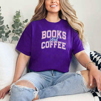 May include a person wearing a Purple Books & Coffee T-Shirt featuring trendy BookTok reader graphic and relaxed fit.