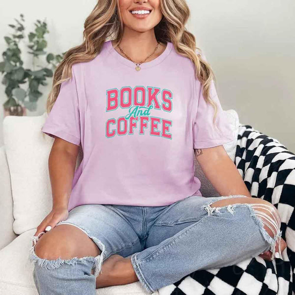 May include a person wearing a Lilac Books & Coffee T-Shirt featuring trendy BookTok reader graphic and relaxed fit.