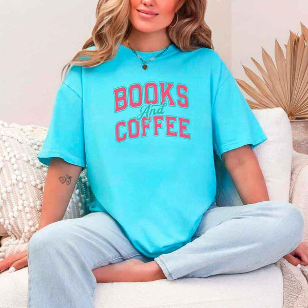 May include a person wearing a Turquoise Books & Coffee T-Shirt featuring trendy BookTok reader graphic and relaxed fit.
