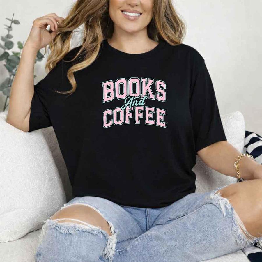 May include a person wearing a Black Books & Coffee T-Shirt featuring trendy BookTok reader graphic and relaxed fit.