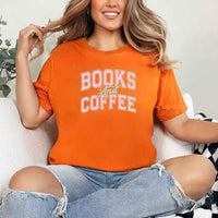 May include a person wearing an Orange Books & Coffee T-Shirt featuring trendy BookTok reader graphic and relaxed fit.