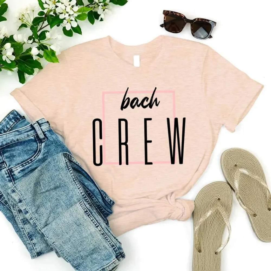 May include Peach matching Bride & Crew Tees for bachelorette parties, designed for coordinated fun and photo moments.