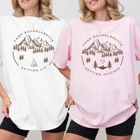 May include camp themed Bachelorette t shirts with fun outdoor slogans cozy vibes bridal squad outfits perfect for camping trip celebrations and girls getaway!