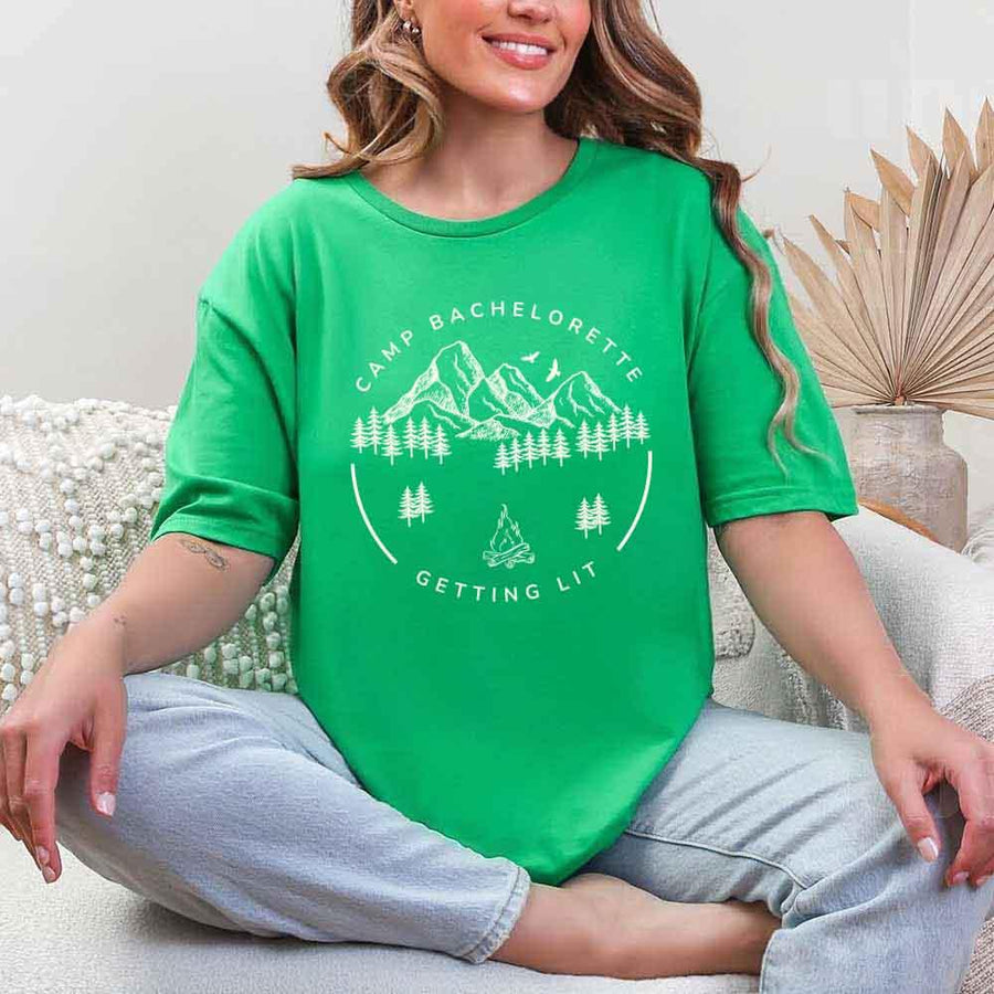 May include Irish Green camp themed Bachelorette t shirts with fun outdoor slogans cozy vibes bridal squad outfits perfect for camping trip celebrations and girls getaway!
