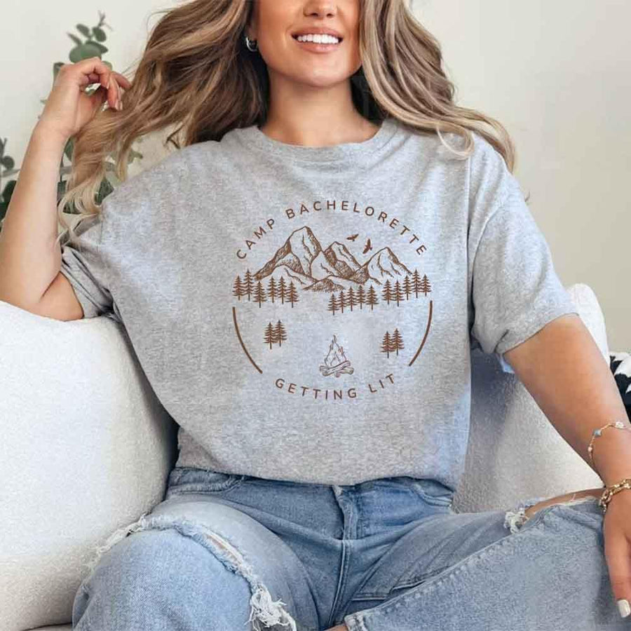 May include Sport Grey camp themed Bachelorette t shirts with fun outdoor slogans cozy vibes bridal squad outfits perfect for camping trip celebrations and girls getaway!
