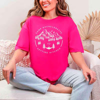 May include Heliconia camp themed Bachelorette t shirts with fun outdoor slogans cozy vibes bridal squad outfits perfect for camping trip celebrations and girls getaway!
