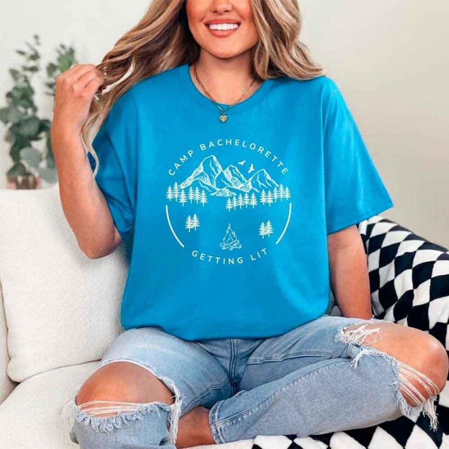 May include Sapphire camp themed Bachelorette t shirts with fun outdoor slogans cozy vibes bridal squad outfits perfect for camping trip celebrations and girls getaway!