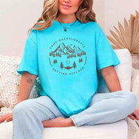 May include Turquoise camp themed Bachelorette t shirts with fun outdoor slogans cozy vibes bridal squad outfits perfect for camping trip celebrations and girls getaway!