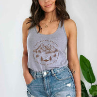 May include a Grey group of women wearing matching camp bachelorette tank tops with fun bridal-themed graphics outdoors.