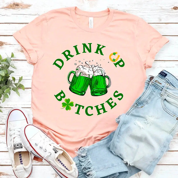 cheers fuckers drink up bitches saint paddy couples Soft Peach t shirt 6