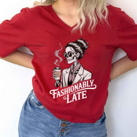 Fashionably Late Unisex V-Neck Tee – Funny Casual Graphic Shirt