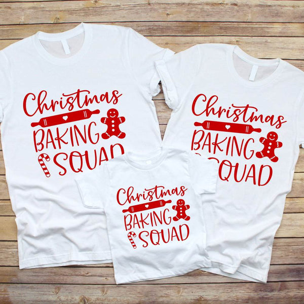 May include a festive holiday t-shirt featuring the phrase “Christmas Baking Squad,” styled with cheerful typography and baking-themed graphics such as cookies, rolling pins, or whisks. The design reflects a fun, team-spirited theme for families or friends who enjoy baking together during the Christmas season.