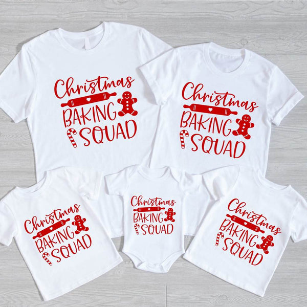 May include a festive holiday t-shirt featuring the phrase “Christmas Baking Squad,” styled with cheerful typography and baking-themed graphics such as cookies, rolling pins, or whisks. The design reflects a fun, team-spirited theme for families or friends who enjoy baking together during the Christmas season.
