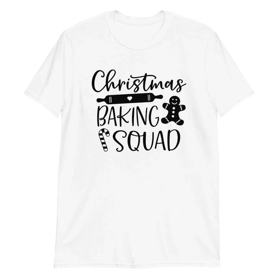 May include a festive holiday t-shirt featuring the phrase “Christmas Baking Squad,” styled with cheerful typography and baking-themed graphics such as cookies, rolling pins, or whisks. The design reflects a fun, team-spirited theme for families or friends who enjoy baking together during the Christmas season.