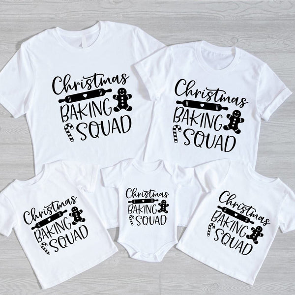 May include a festive holiday t-shirt featuring the phrase “Christmas Baking Squad,” styled with cheerful typography and baking-themed graphics such as cookies, rolling pins, or whisks. The design reflects a fun, team-spirited theme for families or friends who enjoy baking together during the Christmas season.