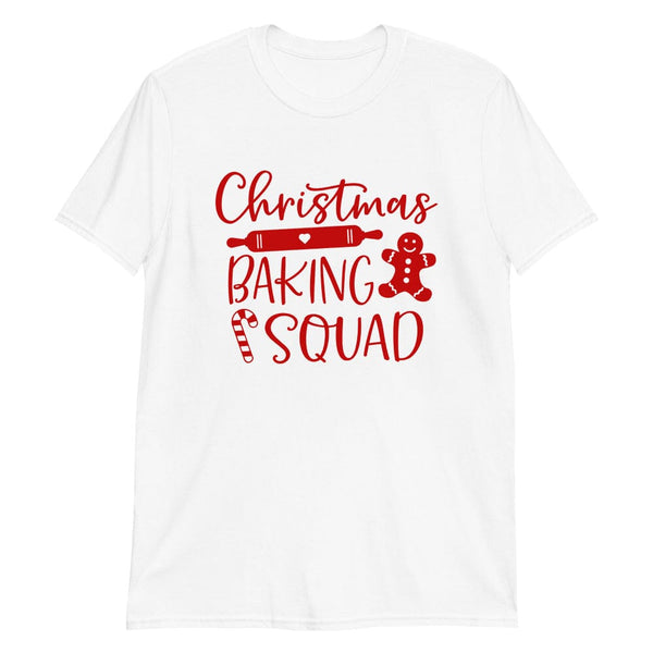 May include a festive holiday t-shirt featuring the phrase “Christmas Baking Squad,” styled with cheerful typography and baking-themed graphics such as cookies, rolling pins, or whisks. The design reflects a fun, team-spirited theme for families or friends who enjoy baking together during the Christmas season.