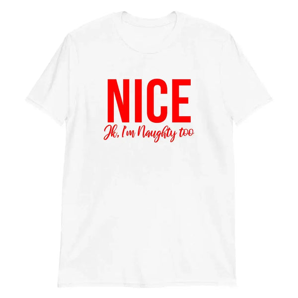 May include a pair of unisex t-shirts with the words ‘Naughty’ and ‘Nice’ printed, designed as matching Christmas couples graphic tees.
